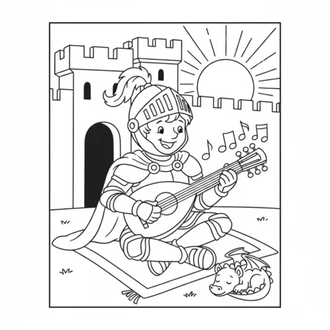 Musical Instruments coloring page: a knight in armor plays a lute on a rug, with a sleeping dragon
