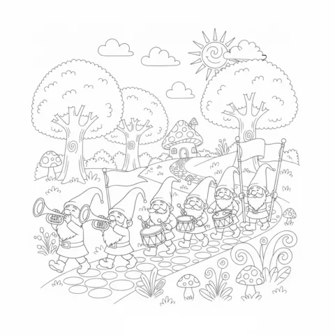 Musical Instruments coloring page: a parade of gnomes plays trumpets and drums on a path through the forest