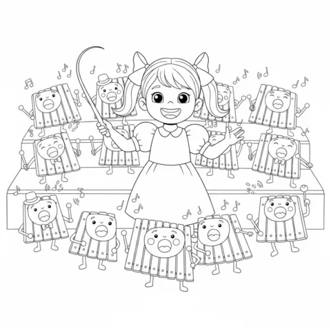 Musical Instruments coloring page: a girl conducts a choir of singing xylophones on a stage