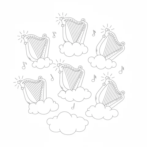 Musical Instruments coloring page: five harps with stars and musical notes float on clouds