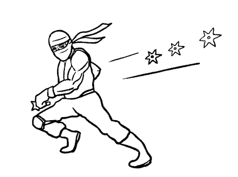 Ausmalbild Ninja: ein Ninja rennt schnell und wirft drei Shuriken in Bewegung