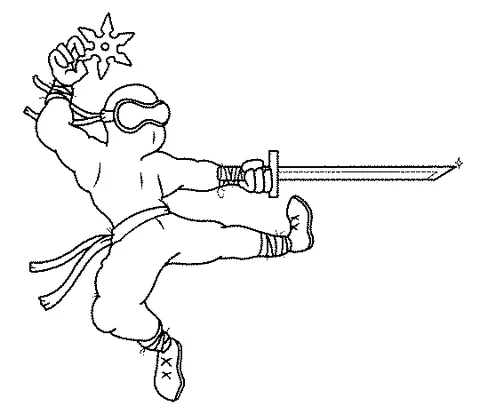 Ausmalbild Ninja: ein Ninja springt und tritt, hält einen Shuriken und ein Schwert