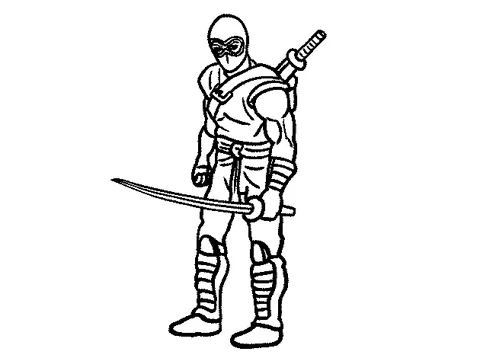 Ausmalbild Ninja: ein Ninja steht mit einem Schwert in der Hand und einem weiteren Schwert auf dem Rücken
