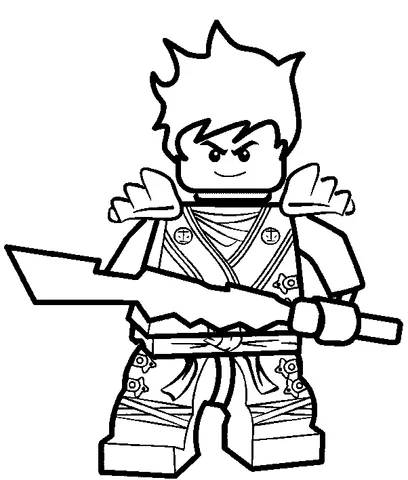 Ausmalbild Ninjago: Kai hält ein großes gezacktes Schwert, trägt eine Rüstung mit Schulterpolstern