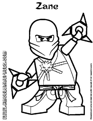 Ausmalbild Ninjago: Zane in einer Ninja-Maske, hält zwei Shuriken, eine in jeder Hand