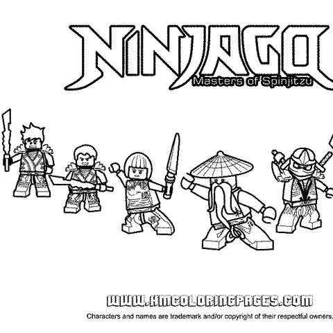 Ausmalbild Ninjago: fünf Ninjago-Charaktere mit Waffen, darunter ein Sensei mit Hut