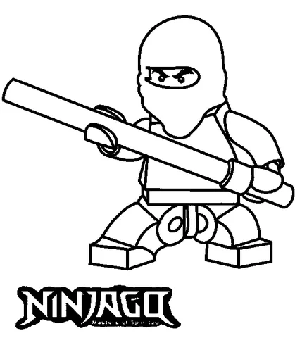 Ausmalbild Ninjago: ein maskierter Ninja hält einen langen Stab mit beiden Händen