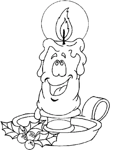 Christmas candle coloring page: a happy candle character in a holder with holly leaves