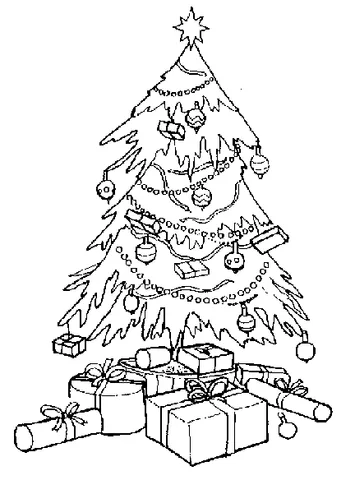 Christmas tree coloring page: a decorated Christmas tree with many gifts underneath
