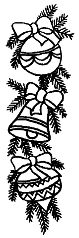 Christmas ornaments coloring page: a vertical garland of two baubles and a bell with bows