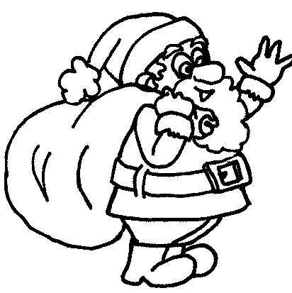 Santa Claus coloring page: Santa Claus carrying a large sack and waving his hand