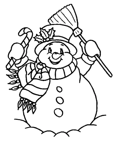 Snowman coloring page: a snowman with a top hat, scarf, candy cane, and broom