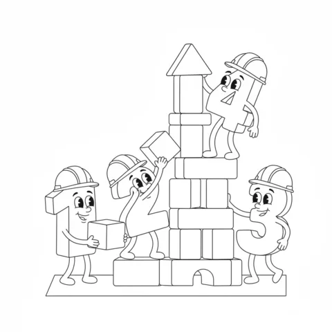 Ausmalbild Zahlen: vier Zahlenfiguren mit Bauhelmen bauen einen hohen Blockturm