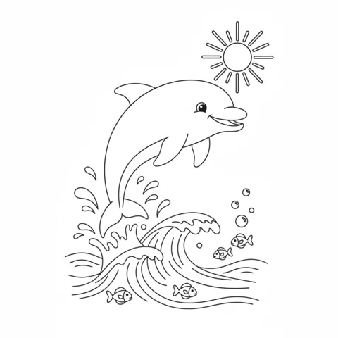 Dolphin coloring page: a dolphin jumping out of the ocean waves under the sun