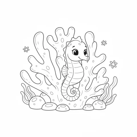 Seahorse coloring page: a cute seahorse hiding behind a large coral reef