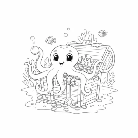 Octopus coloring page: a happy octopus sitting on a treasure chest full of gold and jewels