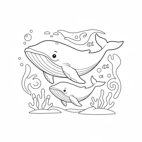 Whale coloring page: a large whale and a baby whale swimming together underwater with seaweed