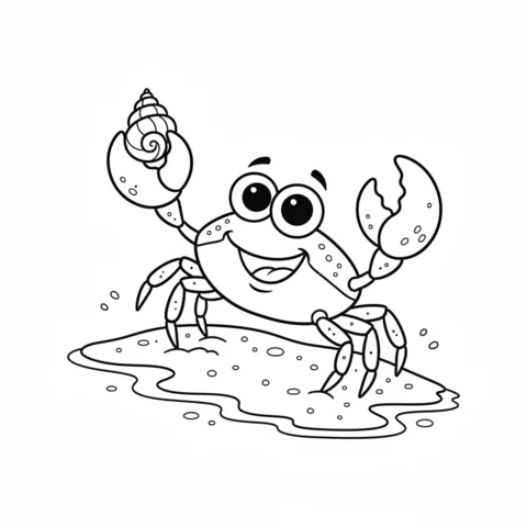 Crab coloring page: a happy crab holding a seashell on a small patch of sand