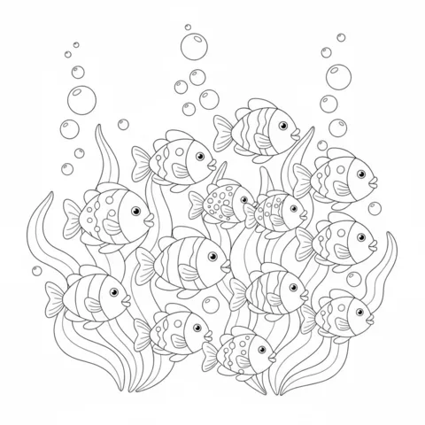 Fish coloring page: a school of small fish swimming among tall seaweed and bubbles