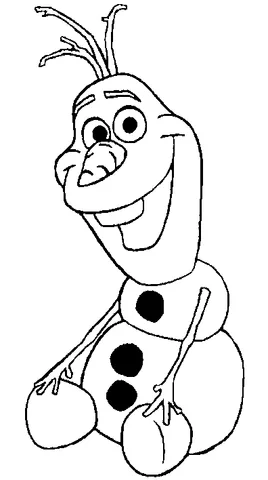 Desenho do Olaf para colorir: o boneco de neve Olaf sentado e sorrindo com os braços de graveto apoiados nos joelhos