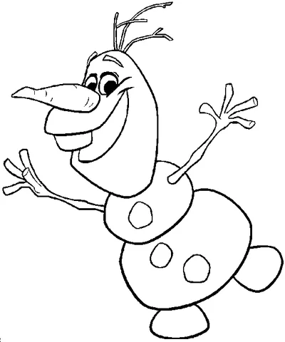 Desenho do Olaf para colorir: o boneco de neve Olaf sorrindo e dançando com os braços de graveto levantados