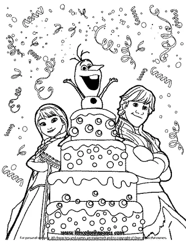 Desenho do Olaf para colorir: Olaf em um bolo de aniversário com Anna e Kristoff cercados por confetes