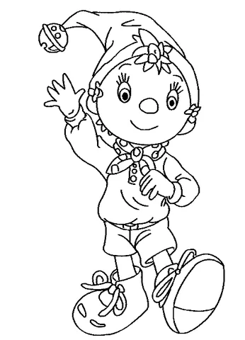Coloriage Noddy : Noddy saluant d'une main, portant son chapeau à clochette et son short emblématiques