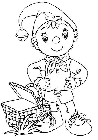 Coloriage Noddy : Noddy debout, les mains sur les hanches, à côté d'un panier de pique-nique ouvert sur l'herbe