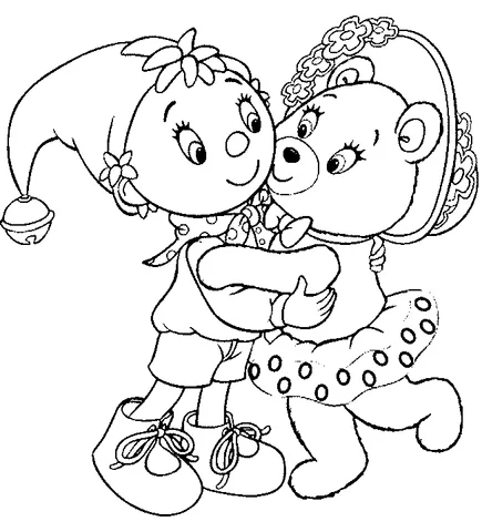Coloriage Noddy : Noddy dansant avec une ourse en peluche, qui porte un chapeau fleuri et une jupe à pois