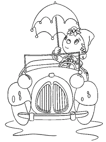 Coloriage Noddy : Noddy conduisant une voiture ancienne, tenant un parapluie ouvert au-dessus de sa tête