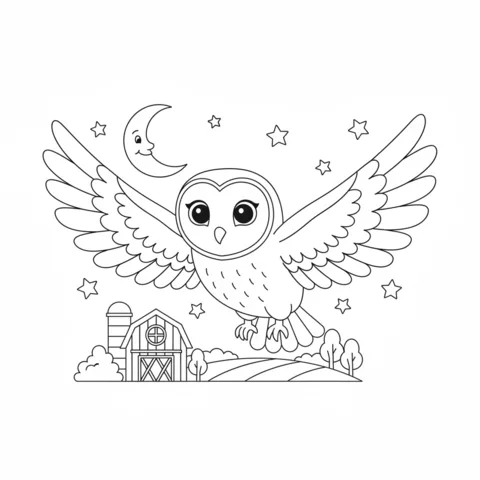 Ausmalbild Eulen: eine niedliche Eule fliegt über einen Bauernhof mit einem lächelnden Mond und Sternen