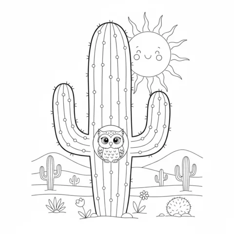 Ausmalbild Eulen: eine kleine Eule in einem großen Saguaro-Kaktus unter einer lächelnden Sonne
