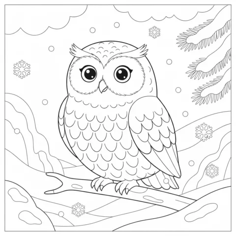 Ausmalbild Eulen: eine Eule sitzt auf einem verschneiten Ast mit fallenden Schneeflocken in einer Winterlandschaft