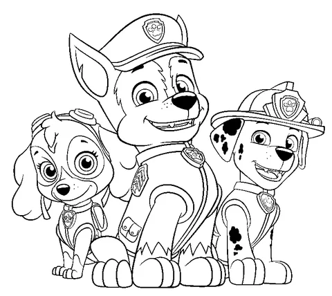 Disegno di Paw Patrol da colorare: Chase, Skye e Marshall sorridono insieme, pronti all'azione