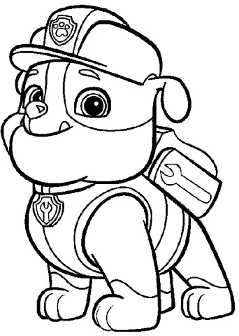 Disegno di Paw Patrol da colorare: Rubble il cucciolo bulldog seduto, con il suo casco da costruzione e lo zaino