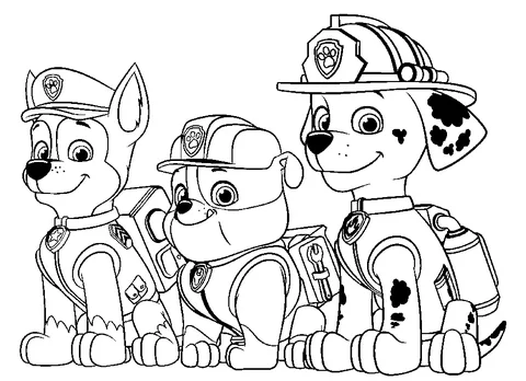Disegno di Paw Patrol da colorare: Chase, Rubble e Marshall seduti insieme, sorridenti