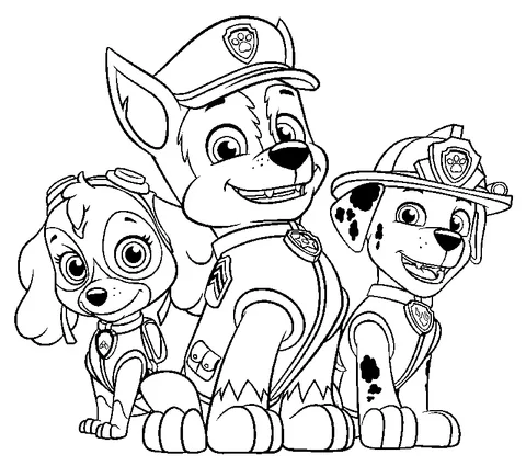Disegno di Paw Patrol da colorare: Chase, Skye e Marshall sorridono, pronti per la loro prossima avventura