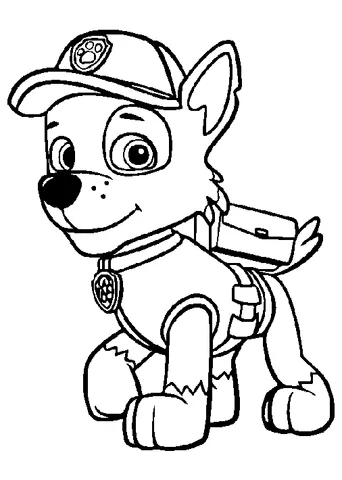 Disegno di Paw Patrol da colorare: Rocky il cucciolo meticcio che cammina, con il suo berretto e il gilet da riciclo