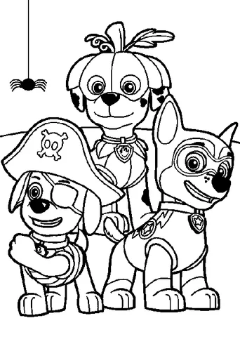 Disegno di Paw Patrol da colorare: Marshall, Rubble e Chase in costumi di Halloween con un ragno