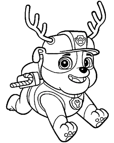 Disegno di Paw Patrol da colorare: Rubble il cucciolo bulldog che striscia, con un casco da costruzione con corna