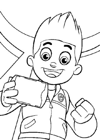 Disegno di Paw Patrol da colorare: Ryder che tiene un dispositivo, sorridente, con un pugno alzato
