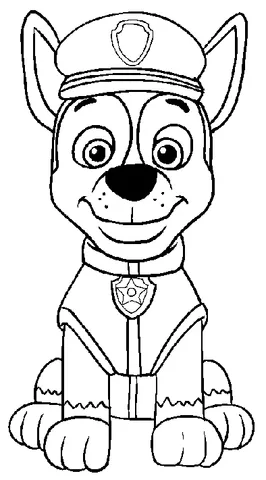 Disegno di Paw Patrol da colorare: Chase il cane poliziotto seduto, con la sua uniforme e il berretto