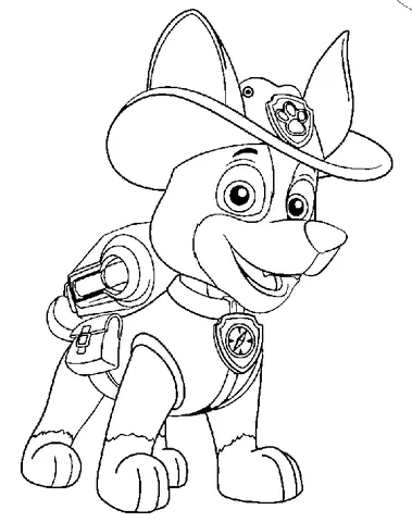Disegno di Paw Patrol da colorare: Tracker il cucciolo della giungla in piedi, con il suo cappello e lo zaino