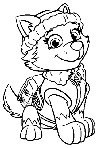 Disegno di Paw Patrol da colorare: Everest il cucciolo husky seduto, con il suo cappello invernale e l'attrezzatura