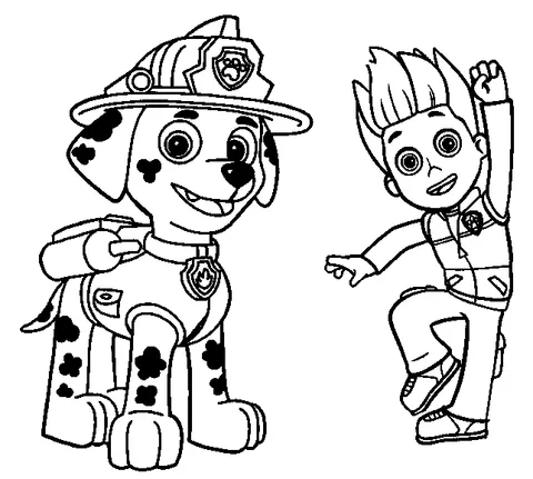 Disegno di Paw Patrol da colorare: Marshall il cucciolo pompiere e Ryder che saltano eccitati