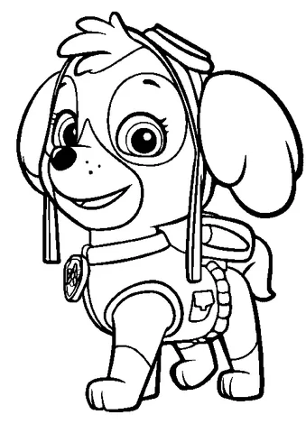Disegno di Paw Patrol da colorare: Skye il cucciolo cockapoo in piedi, con il suo cappello da aviatore e il gilet