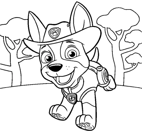 Disegno di Paw Patrol da colorare: Tracker il cucciolo della giungla che cammina in un ambiente giungla con alberi