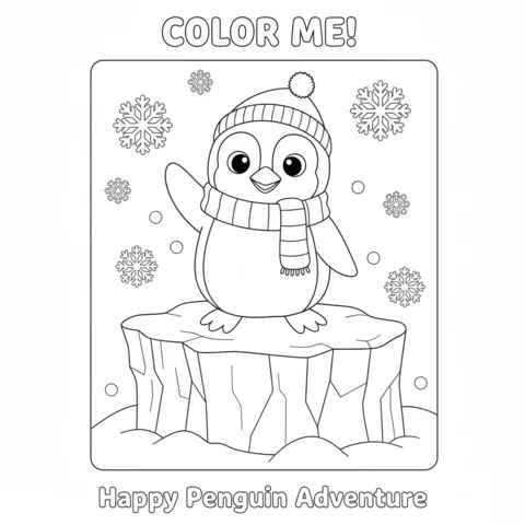 Desenho de Pinguim para colorir: um pinguim fofo usando gorro e cachecol, acenando de um iceberg