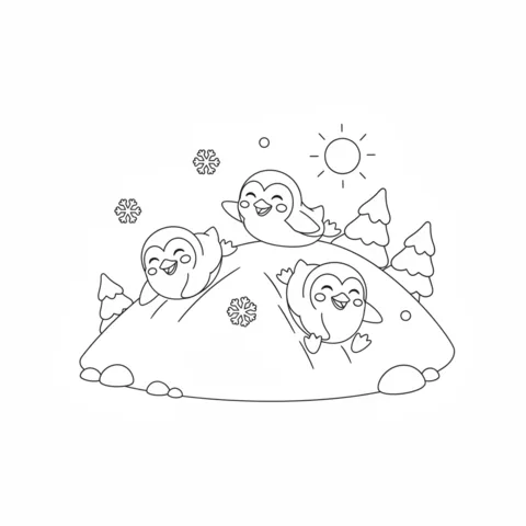 Desenho de Pinguim para colorir: três pinguins felizes deslizando por uma colina nevada com árvores e sol