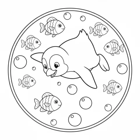 Desenho de Pinguim para colorir: um pinguim alegre nadando debaixo d'água com muitos peixes e bolhas